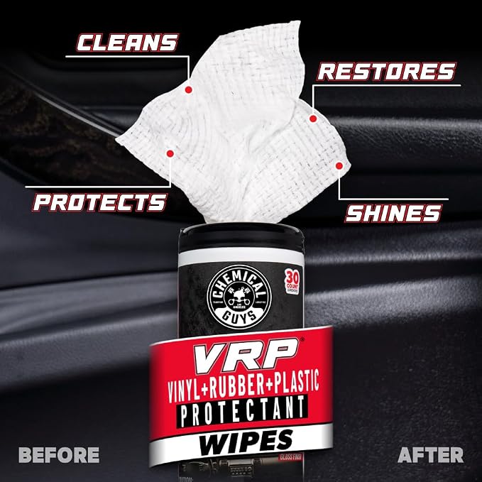 Chemical Guys, VRP Vinyl, Rubber & Plastic Shine Canister Wipes, 30 Count Pre-moistened wipes dress and protect vinyl, rubber and plastic on trim, dashboards and tires, thirty per pack