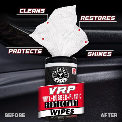 Chemical Guys, VRP Vinyl, Rubber & Plastic Shine Canister Wipes, 30 Count Pre-moistened wipes dress and protect vinyl, rubber and plastic on trim, dashboards and tires, thirty per pack