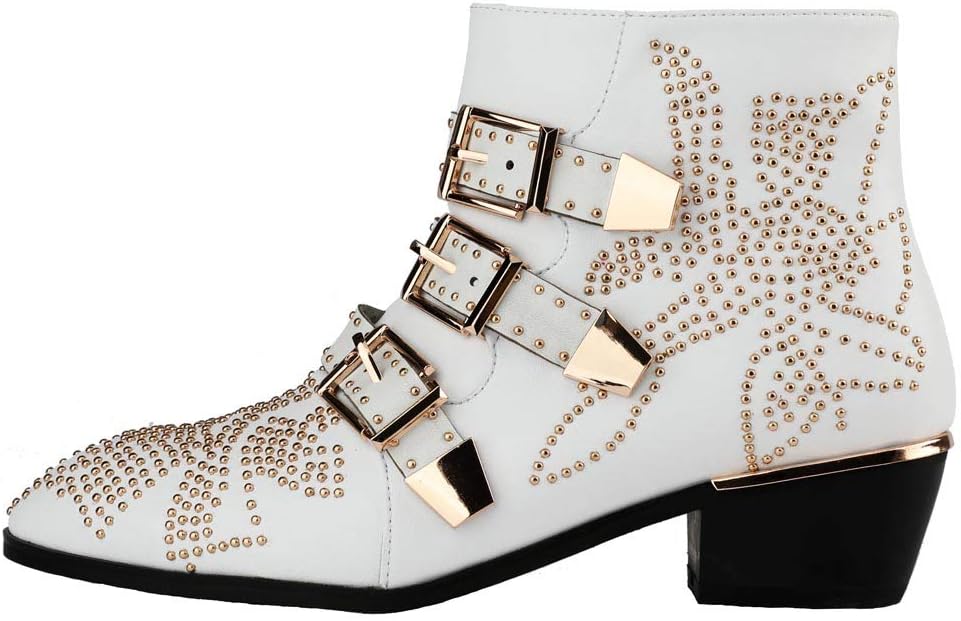 Size 8-8.5 Arqa Women's Studded Ankle Boots Leather Multiple Buckle Chunky Heel Booties Almond Toe Zipper Punk Boot