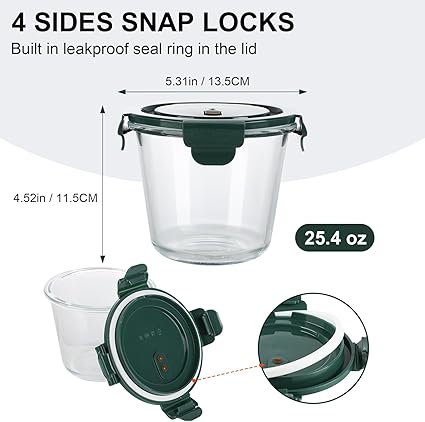 1-Cup24 Ounce Glass Food Storage Containers, Round Glass Soup Container with Airtight Lids, Leak-proof Soup Stew Food Storage and Meal Prep Container, Microwave Freezer Safe, 1pcs(Green)