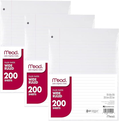 Mead Loose Leaf Paper, 3 Pack, Notebook Paper, Wide Ruled Filler Paper, Standard, 8 x 10.5, 200 Sheets per Pack (73183)