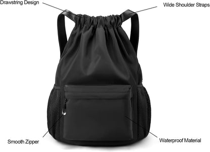 Drawstring Backpack for Women, Waterproof Drawstring Gym Bag for Men, Cinch Sack for Basketball, Pull String Sport Bag for Soccer. (Grey)