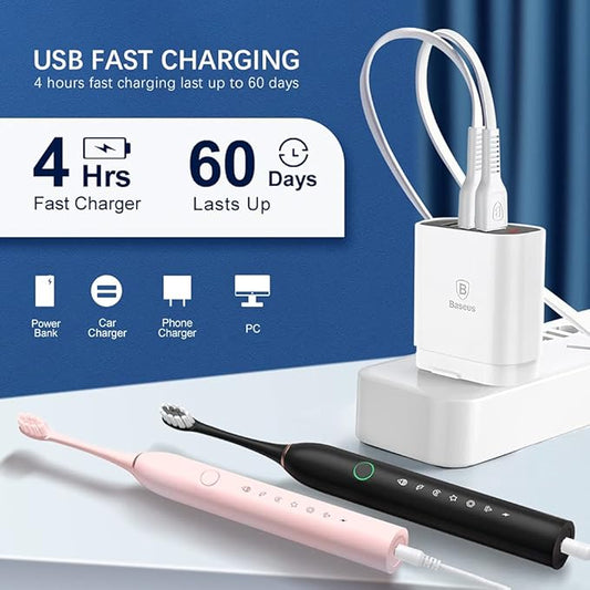 2 Pack Rechargeable Electric Toothbrushes for Adults and Kids, Whitening Tooth Brush with 8 Brush Heads, 6 Cleaning Modes and Smart Timer, Waterproof Cleaning Toothbrushes Set(Black&Pink)