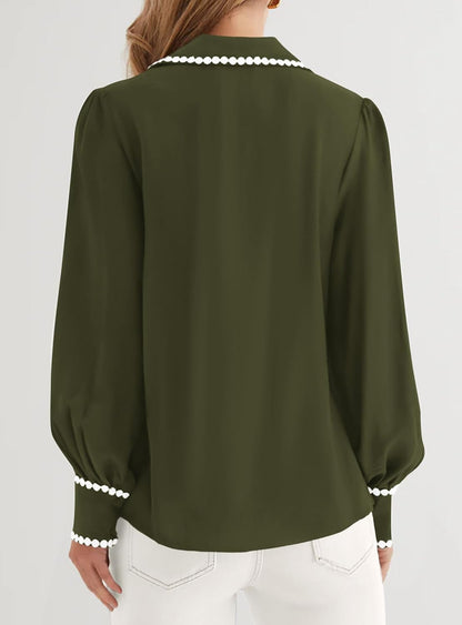Large, Color Black, PRETTYGARDEN Womens Long Sleeve Button Down Shirts 2026 Trendy V Neck Loose Fit Fall Tops Collared Dressy Casual Blouses.