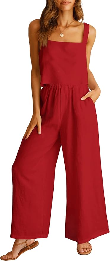 ANRABESS Women's 2 Piece Outfits Linen Pants Jumpsuit Matching Lounge Set Casual Summer Beach Vacation Trendy Clothes