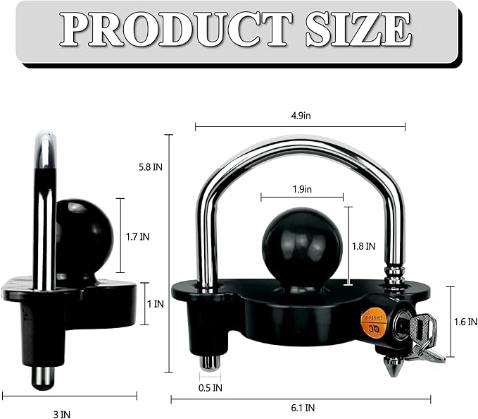 U-Shape Safety Adjustable Lock Tow Ball Coupler (Black), Heavy Duty Steel for 1-78 Inch Couples, 2 Inch 2 Inch 2-516 Inch Replacement 72783 by Cenipar