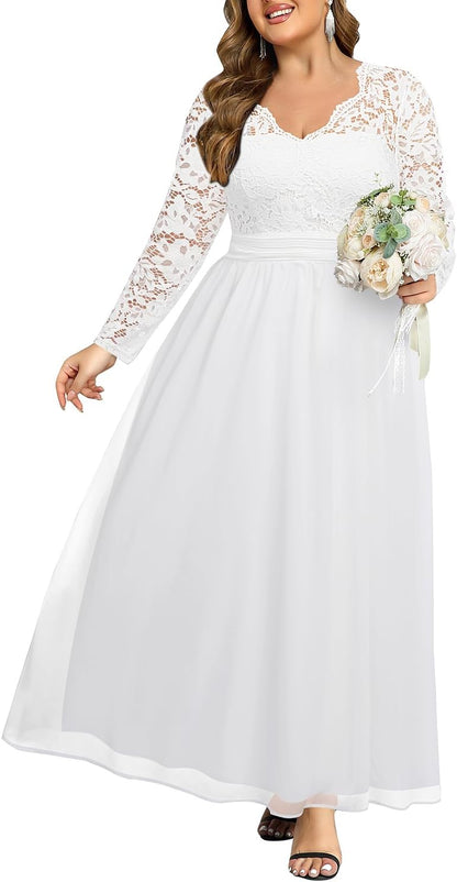 Talisea Plus Size Formal Wedding Dresses - Gowns Evening Prom Elegant V Neck Long Sleeve Lace Chiffon Long Maxi Dress