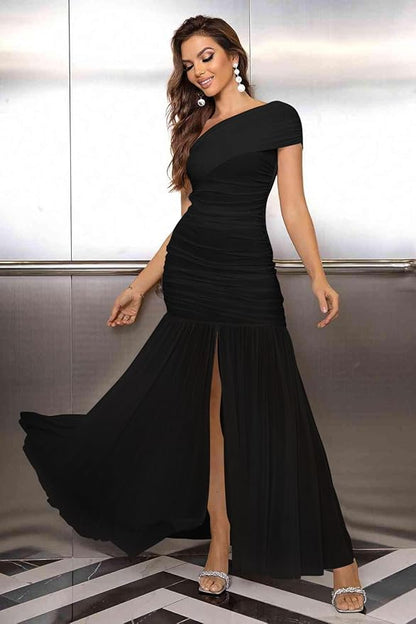 LAGSHIAN Women's Elegant Formal Long Dress One Shoulder Sleeveless Ruched Bodycon Evening Dress