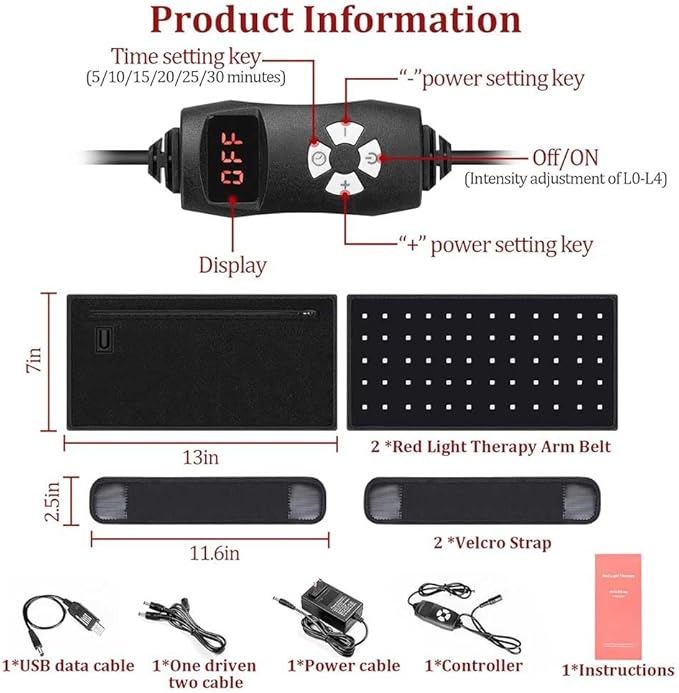 2Pcs Infrared Arm Belt, 660nm and 850nm Red Light Thera-py Arm Wrap with Timer & Brightness Setting Pad for Arm Knee Shoulder Joints Muscle Pain Relief