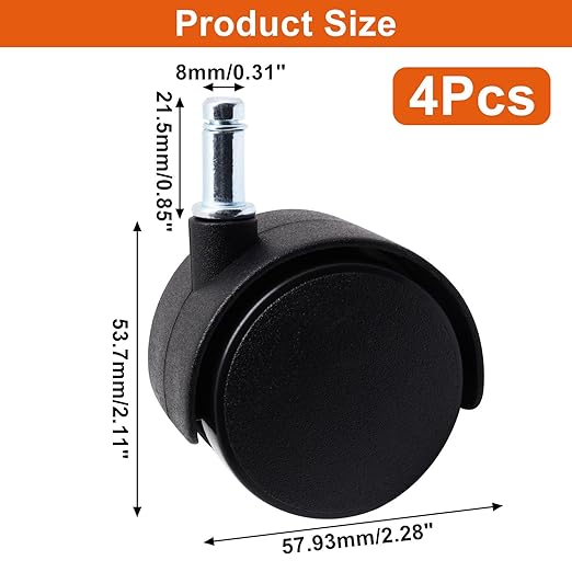 Plastic Casters Set of 4, M8 Circlip Stem Caster Wheels 2 inch, Black Nylon Swivel Caster Wheels Replacement for Furniture, Office Chair, Table, Cabinet, Shelf