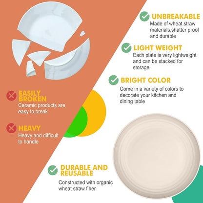 Homienly Wheat Straw Plates 8 PCS Unbreakable Dinner Plates - 10 inch Dishwasher & Microwave Safe Plastic Plates Reusable Lightweight Roud Plates, Plates for Kitchen, Dinner, Outdoor,Picnic (Beige)