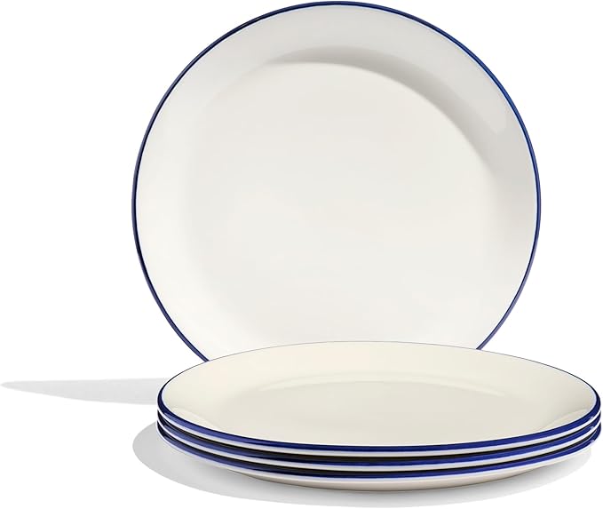 Made In Cookware - 11" Dinner Plates - Set of 4 - White With Navy Blue Rim - Porcelain - Crafted in England