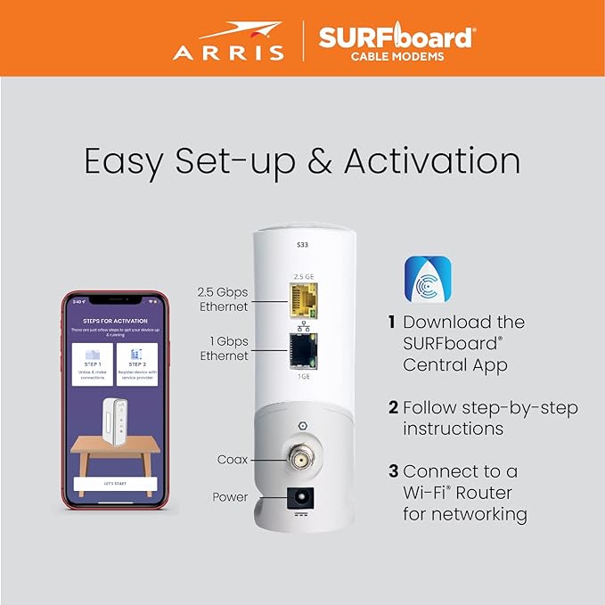 ARRIS - SURFboard S33 32 x 8 DOCSIS 3.1 Multi-Gig Cable Modem with 2.5 Gbps