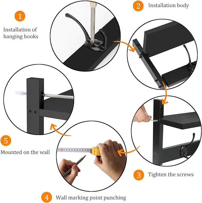 BAMEOS Wall-Mounted Shelf with Hooks - 28.9 Inch Entryway Hanging Shelf with 5 Dual Hooks for Bathroom, Living Room, Bedroom (Black)