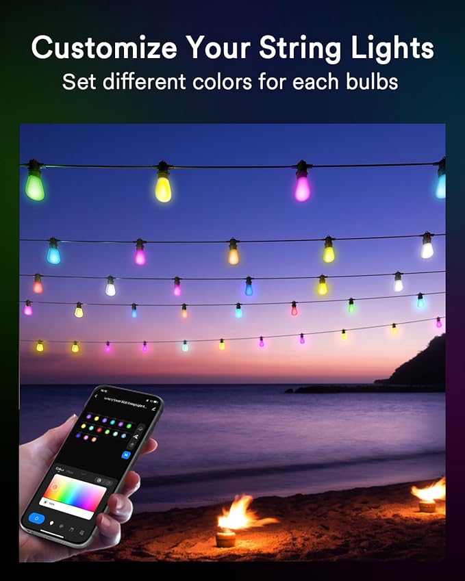 Lumary 100FT Smart Outdoor String Lights with APPRemoteVoice Control, RGBAI Color Changing Patio Lights with Warm White 302 LED Bulbs, IP65 Waterproof Permanent Outdoor Lights Work with Alexa