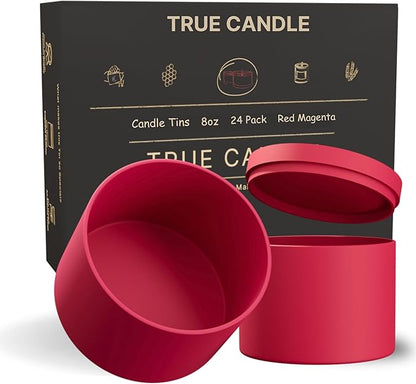 True Candle Tins for Making Candles - 24 Pack of 8 oz Black Candle Containers Bulk - Empty tins with lids for Candles - Premium Metal Jars, DIY Vessels  Painted Outside and Inside  RED