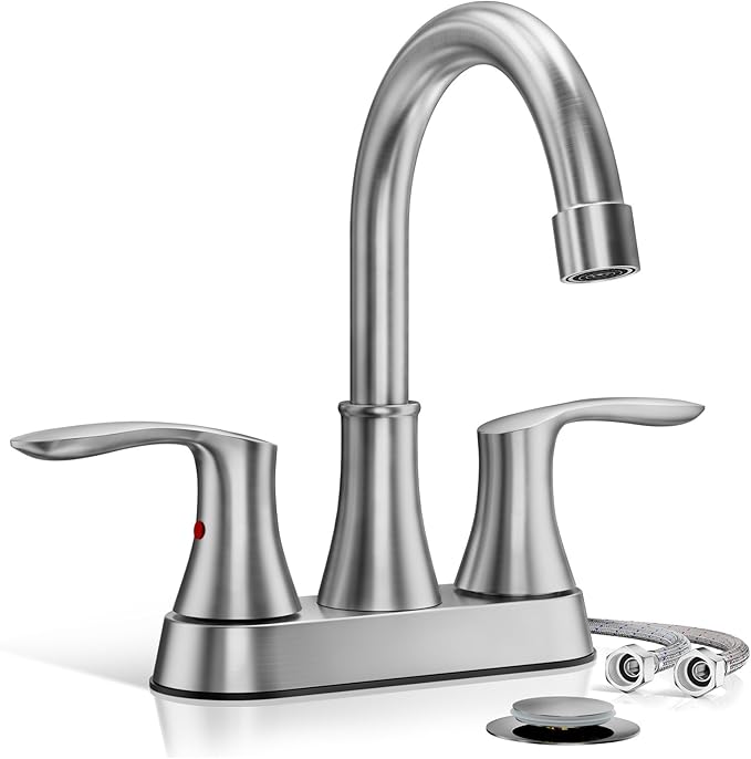 Phiestina 4 Inch 2 or 3 Hole Brushed Nickel Bathroom Sink Faucet RV Swivel 2 Handle Centerset Bath Vanity Faucet, with Water Supply line  Metal Pop-up Drain,TY36-BN