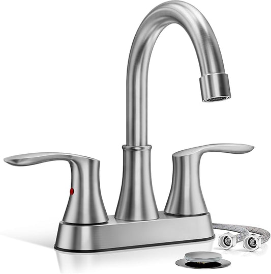 Phiestina 4 Inch 2 or 3 Hole Brushed Nickel Bathroom Sink Faucet RV Swivel 2 Handle Centerset Bath Vanity Faucet, with Water Supply line  Metal Pop-up Drain,TY36-BN