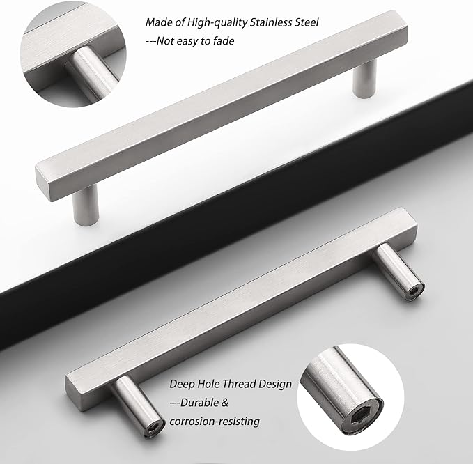 Probrico Cabinet Handles-(Pack of 5) Stainless Steel 4 inch (102mm) Hole Centers Square T Bar Kitchen Cabinet Handles Drawer Pulls for Kitchen Furniture Hardware