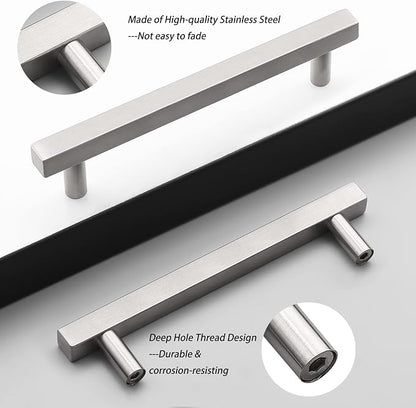Probrico Cabinet Handles-(Pack of 5) Stainless Steel 4 inch (102mm) Hole Centers Square T Bar Kitchen Cabinet Handles Drawer Pulls for Kitchen Furniture Hardware