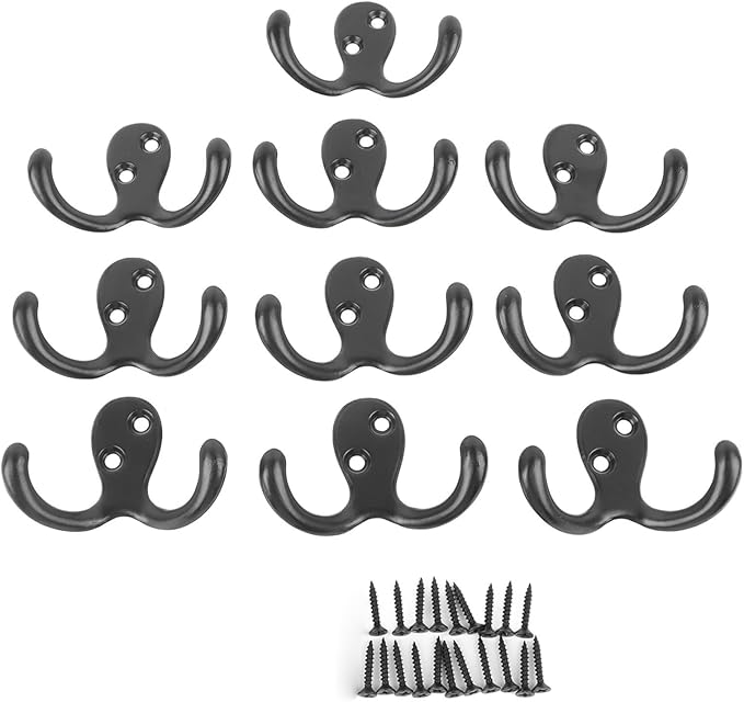 aqxreight 10pcs Black Double Prong Coat Hooks Wall Mounted Retro High Durability Zinc Alloy Wall Hooks for Bathroom Kitchen Double Prong Coat