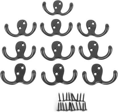 aqxreight 10pcs Black Double Prong Coat Hooks Wall Mounted Retro High Durability Zinc Alloy Wall Hooks for Bathroom Kitchen Double Prong Coat