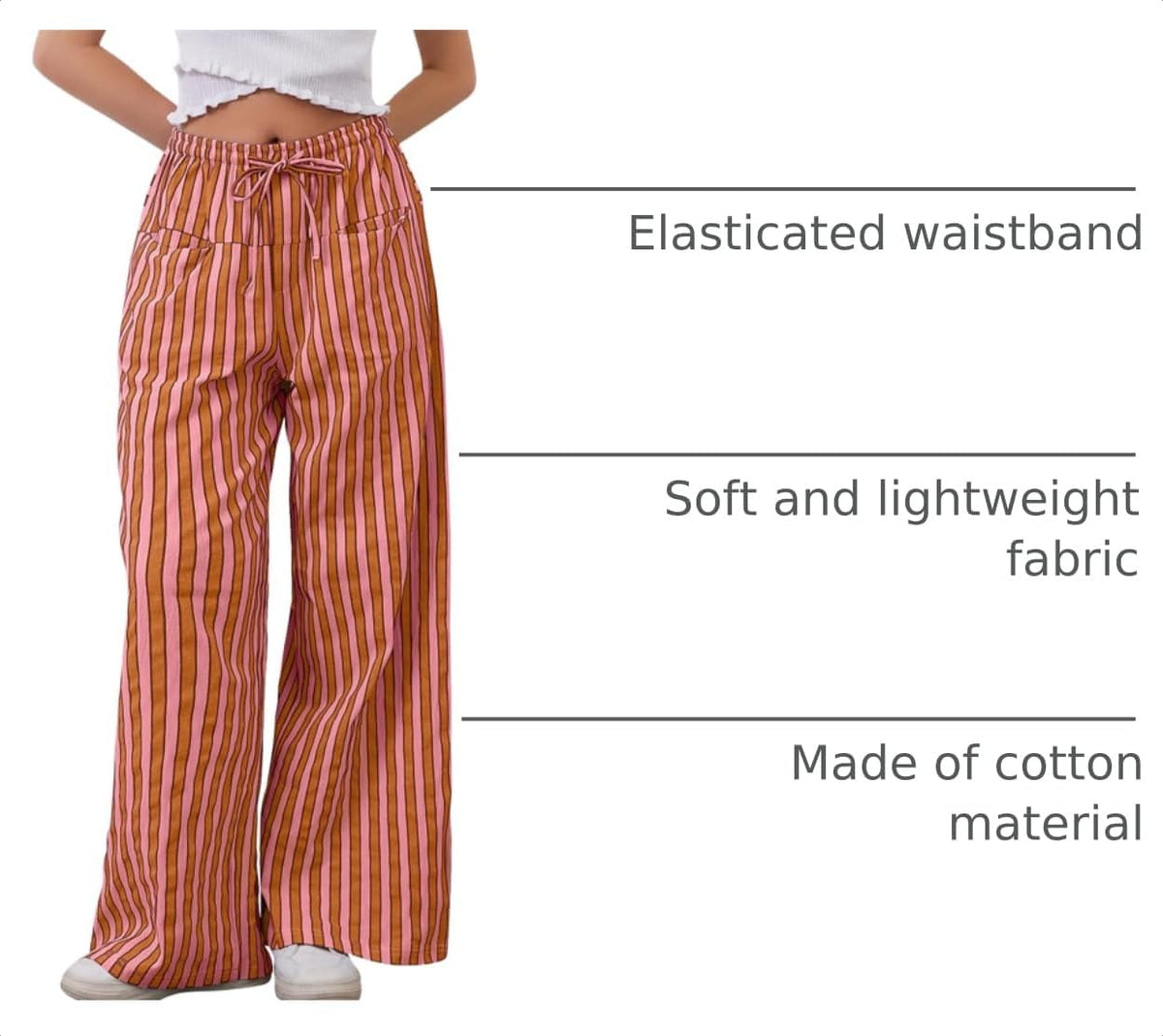 MISSACTIVER Women Drawstring Striped Pants Loose Wide Leg Trousers Casual Low Waist Pants Comfy Lounge Pants with Pockets.