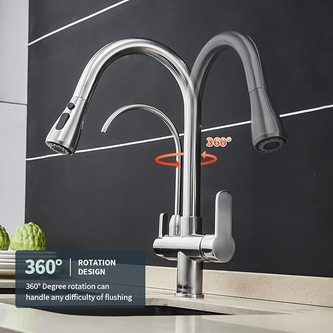 Kitchen Sink Faucet with Pull Down Sprayer 2 Handle 3 in 1 Water Filter Purifier Faucets Brushed Nickel 0195SN