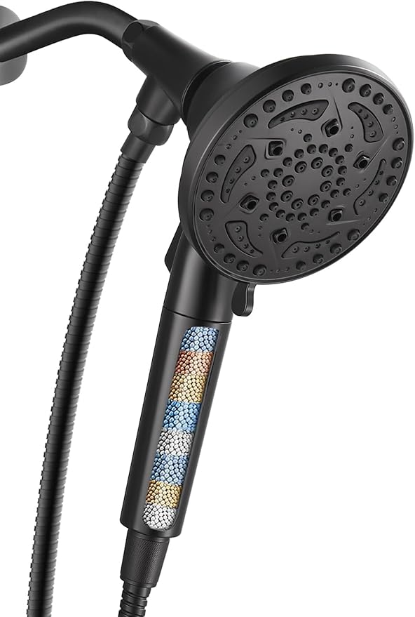 Cobbe Filtered Shower Head with handheld, High Pressure 7-mode Showerhead Hose, Bracket, Water Softener Filters Beads for Hard Remove Chlorine and Harmful Substance, Black, U.S. Patents