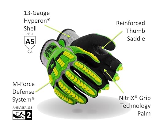 MAGID T-REX Flex Series Lightweight Impact Gloves, 1 Pair, NitriX Palm Coating, Size 10XL, Black  Green
