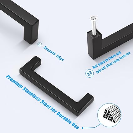 KNOBWELL 6 Pack 4 inch Black Kitchen Cabinet, Stainless Steel Cupboard Door Handles Pulls for Vanity Chest Nightstand Drawer Dresser - Hole Distance 4", Overall Length 4-12"