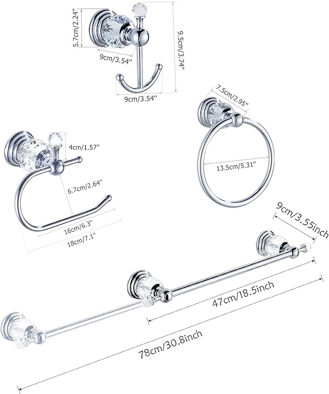 WOLIBEER Crystal Bathroom Accessories, Chrome 24 Inch Towel Bar Set Polished Brass Toilet Paper Holder Towel Ring Coat Hooks Bathroom Hardware 4 Pieces Wall Mounted