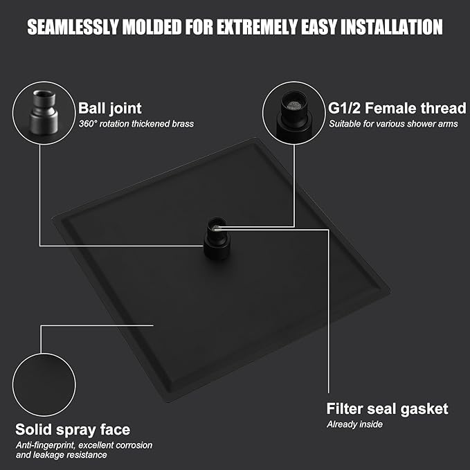 Hoimpro 12 Inch Square Rain Shower Head, Large Waterfall Rainfall Showerhead, High Pressure Stainless Steel Rainfall Rainhead, 116 Ultra-Thin Water Saving Design with Silicone Nozzle, Matte Black