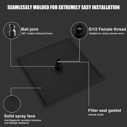 Hoimpro 12 Inch Square Rain Shower Head, Large Waterfall Rainfall Showerhead, High Pressure Stainless Steel Rainfall Rainhead, 116 Ultra-Thin Water Saving Design with Silicone Nozzle, Matte Black