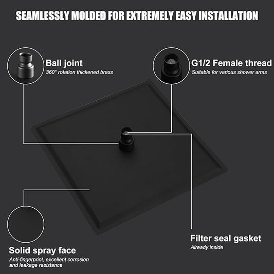 Hoimpro 12 Inch Square Rain Shower Head, Large Waterfall Rainfall Showerhead, High Pressure Stainless Steel Rainfall Rainhead, 116 Ultra-Thin Water Saving Design with Silicone Nozzle, Matte Black