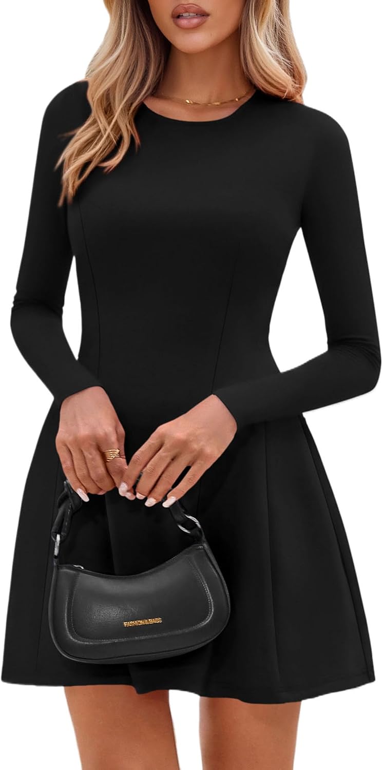 PRETTYGARDEN Long Sleeve Mini Dress for Women 2026 Spring Crewneck Knit Pleated Babydoll A Line Casual Short Party Dresses