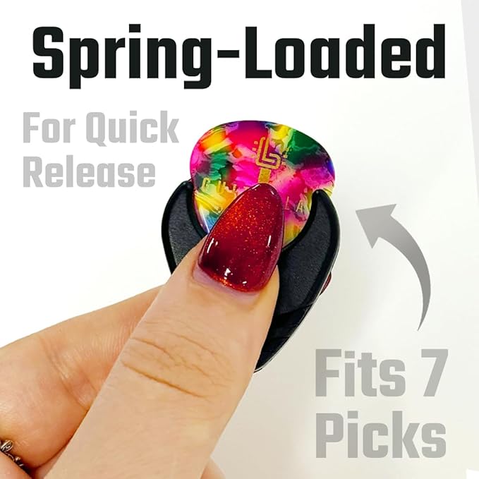 Guitar Pick Holder with Adhesive Backing and 10 FREE Celluloid Picks (0.46mm, 0.71mm, 0.96mm), Stocking Stuffer - Guitar Gifts, Father's Day Gift, For Electric, Acoustic, Bass, Ukulele