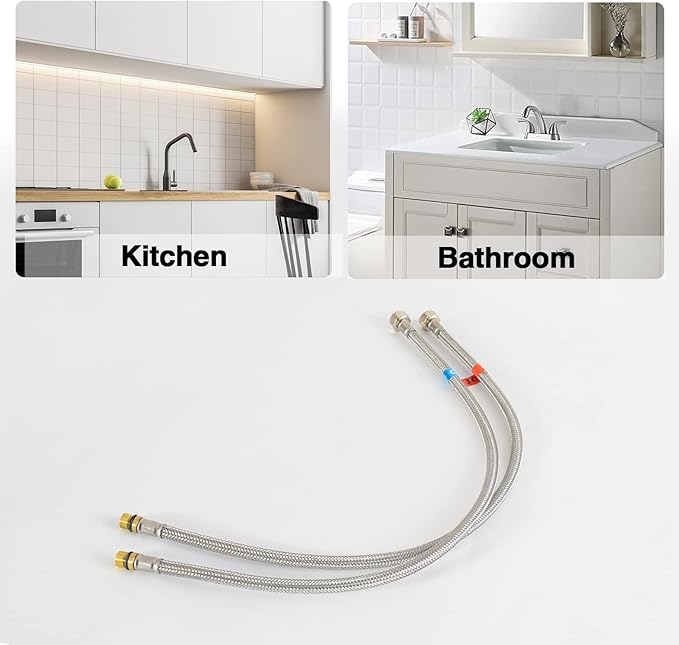 Bathroom Faucet Supply Lines Connector Stainless Steel Braided Supply Hose M10 Compressor Connector and 38-Inch Female Compression Thread x M10 Male Connector, 24-Inch x 2 Pcs (1 Pair)
