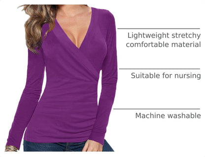 Womens Slim Fitted Deep V Neck Cross Wrap Top Long Sleeve T-Shirts