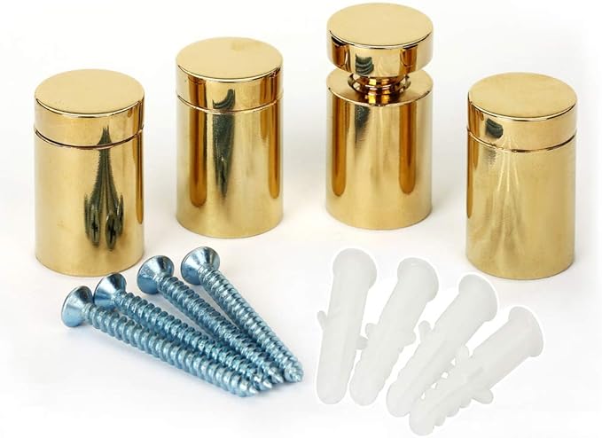 TOPNIKE Brass Flat Top Sign Standoffs, Standoff Holder Screw, 12"x 34", Polished Gold, for Acrylic, Glass, PVC, Glass Panel, Wood, with 2pcs Plastic Spacers, Pack of 4