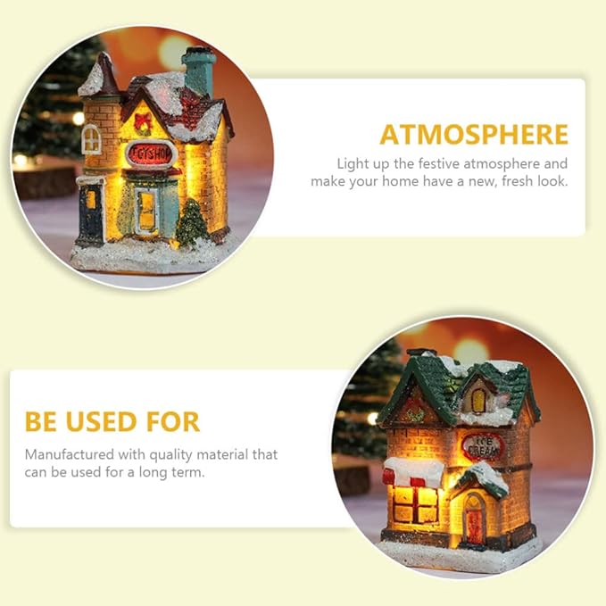 balacoo LED Lighted Christmas Village Houses: 4Pcs Mini Christmas Figurines Miniature Desktop Ornaments for Xmas Holiday Landscape Decor