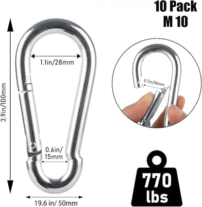 Stainless Steel Spring Snap Hook Carabiner M6 M8 M10 Heavy Duty Carabiner Clip Spring Clips Keychain 516 Inch Quick Links for Backpack, Hammocks, Camping, Swing(163010PCS)