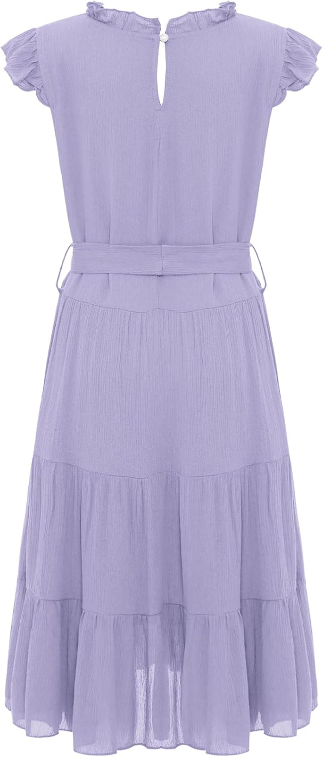 Girls Summer Ruffle Sleeve Flowy Boho Dress Casual A Line Ruffle Tiered Beach Dress with Belt