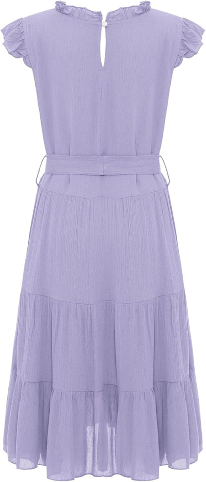 Girls Summer Ruffle Sleeve Flowy Boho Dress Casual A Line Ruffle Tiered Beach Dress with Belt