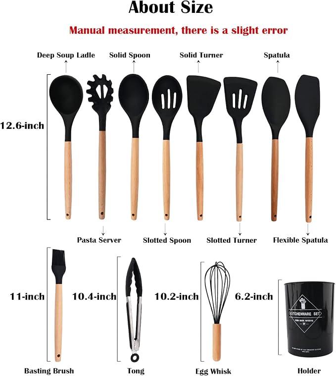 1pcs Black Silicone Balloon Whisk,Heat Resistant Non Scratch Coated Kitchen Whisk with Wooden Handle for Blending Whisking Beating Stirring Cooking Backing