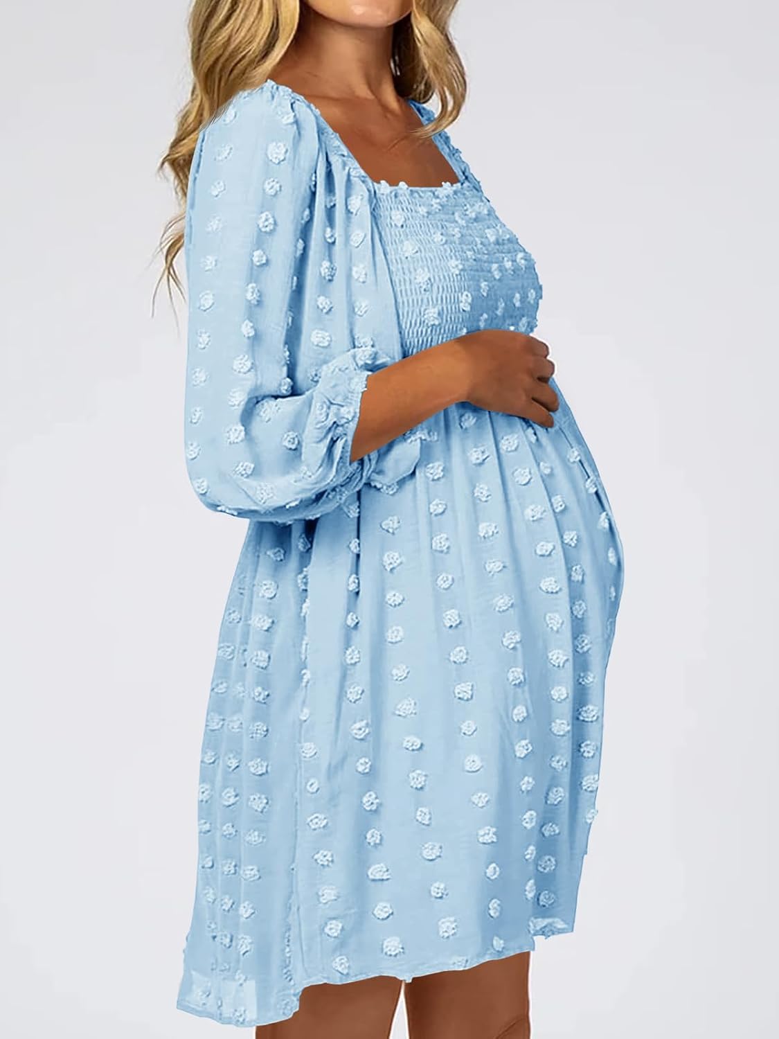 Listicle Women's Long Sleeve Maternity Dress Square Neck Swiss Dot Casual Loose Short Dresses