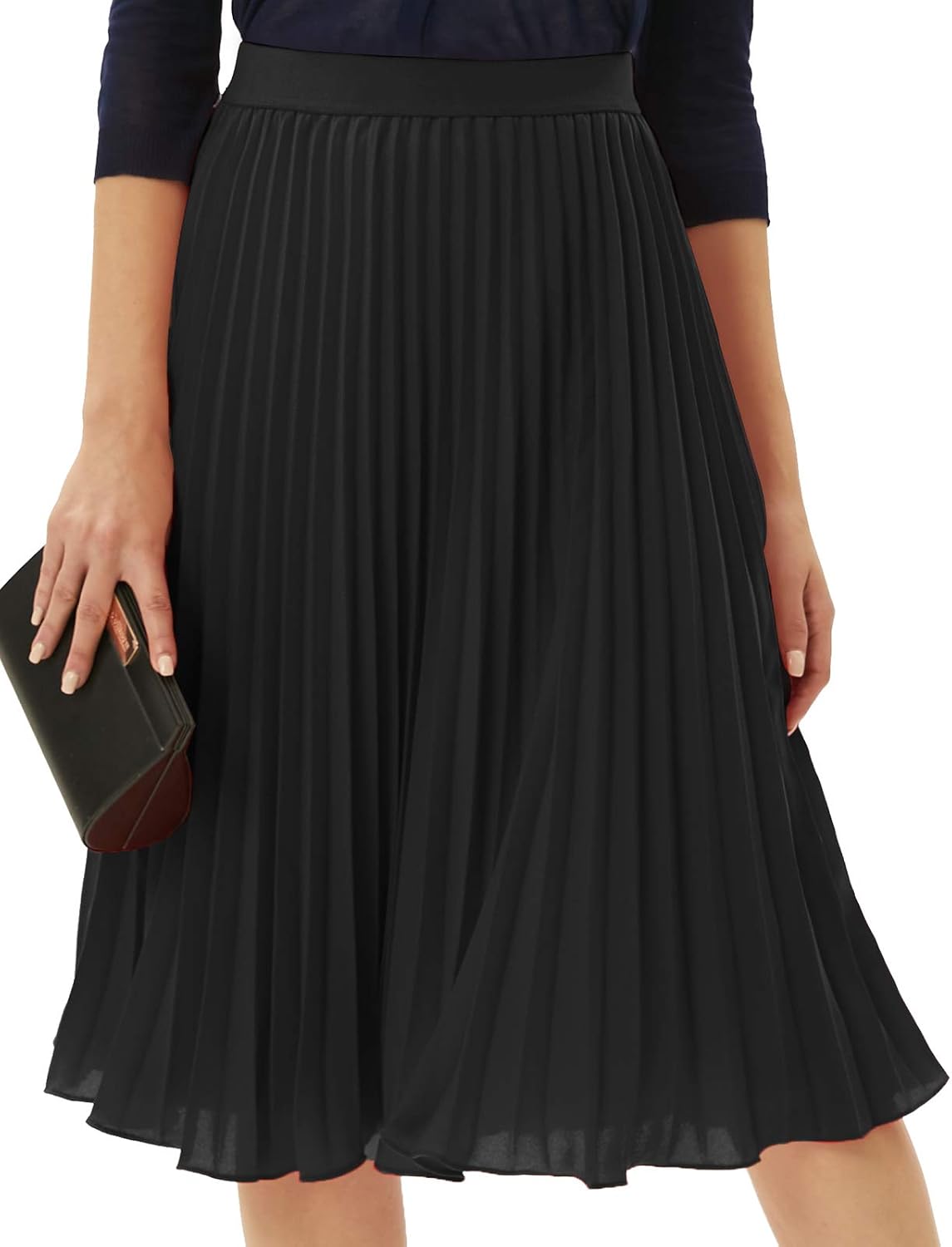 GRACE KARIN Pleated Midi Skirt for Women,Chiffon Elastic High Waist Knee Length Skirts,Swing Flare A-Line Outfits.