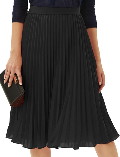GRACE KARIN Pleated Midi Skirt for Women,Chiffon Elastic High Waist Knee Length Skirts,Swing Flare A-Line Outfits.