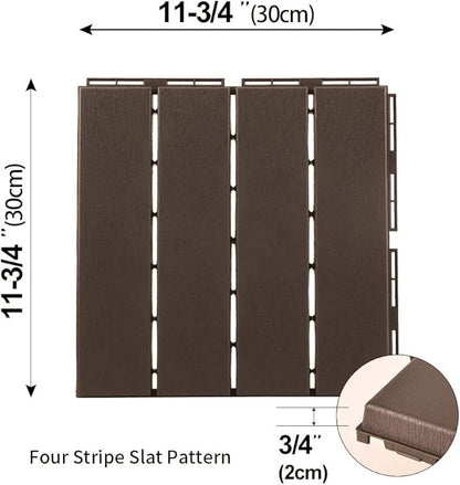 domi Outdoor Living Patio Deck Tiles, 12 x 12 inches Composite Interlocking Decking Tile, Four Slat Plastic Outdoor Flooring, 9 Pieces One Pack, Dark Brown