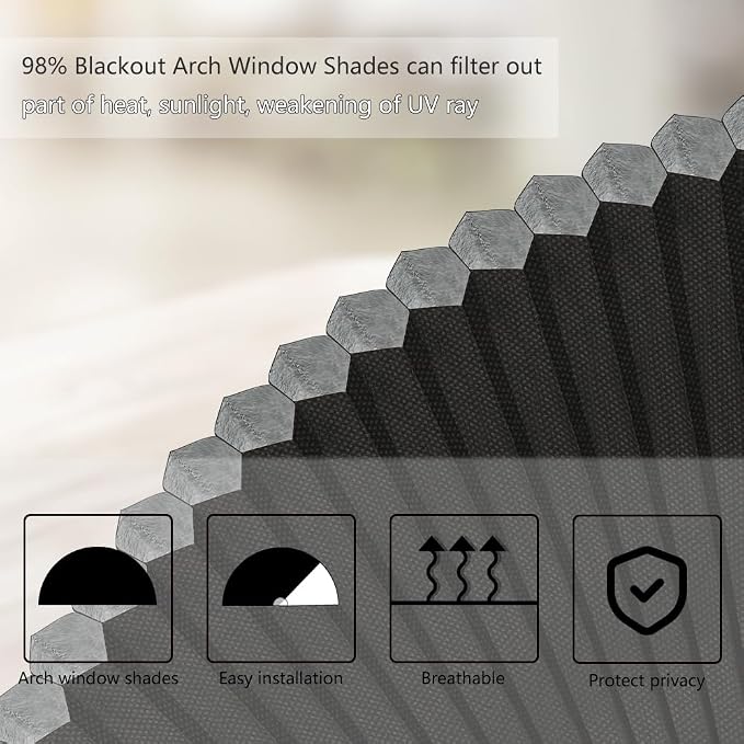 SEEYE Arch Window Blackout Shades, Pleated Fabric Blind (Radius: 24'') Half Circle Cellular Cordless Semicircular Blinds with No Tools, Half-Round Shade Easy to Cut and Install, Beige